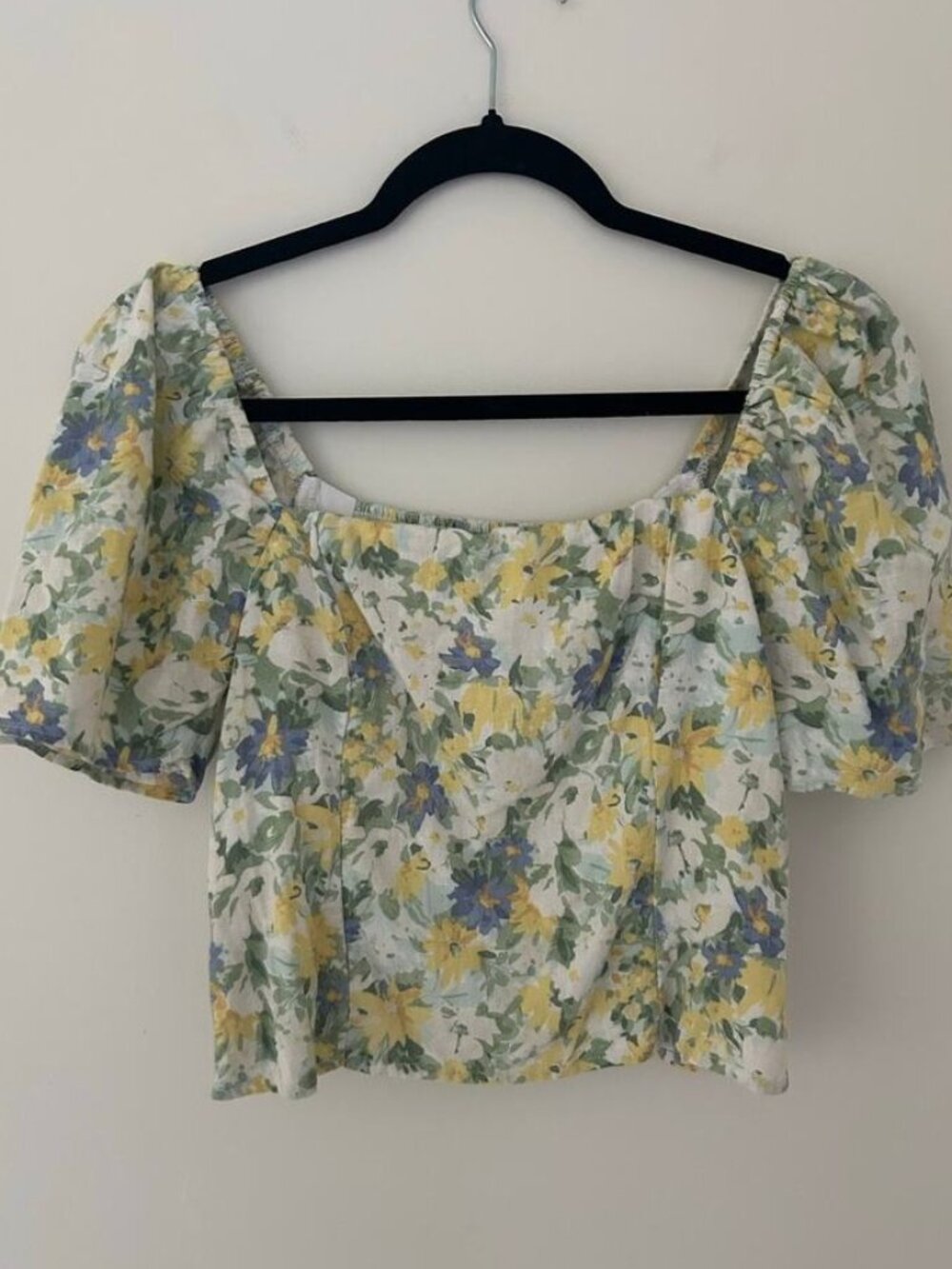 Green Yellow Square Neck Cropped Puff Sleeve Smocked Top M